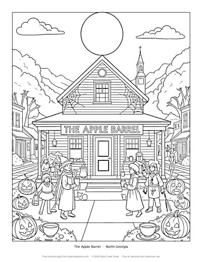 The Apple Barrel on Halloween free printable coloring page