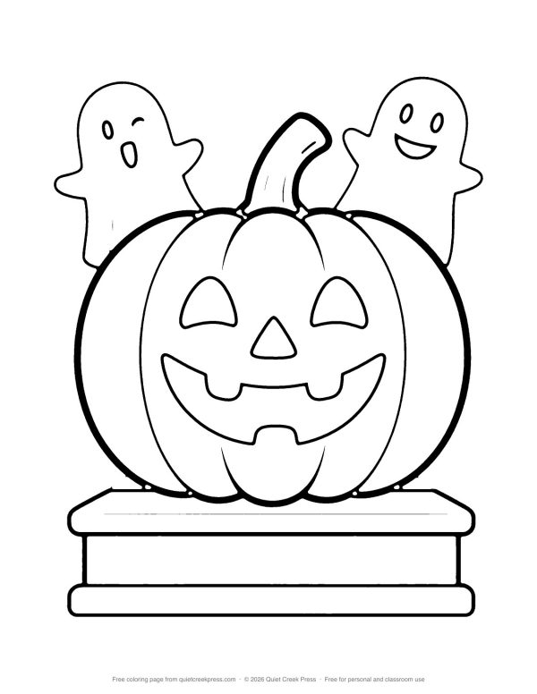 Jack-o’-Lantern and Friendly Ghosts free printable coloring page
