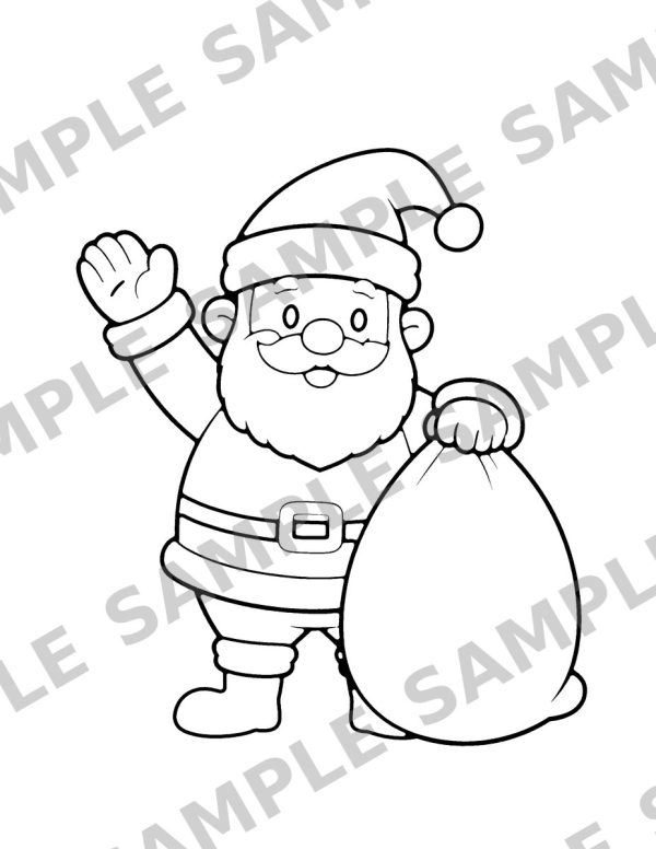 Christmas Coloring Book for Kids, sample page: A jolly Santa Claus waving with a big sack of presents