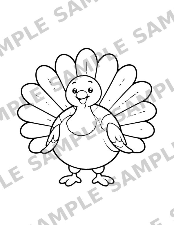 Thanksgiving Coloring Book for Kids, sample page: A happy turkey with a big round fan of tail feathers