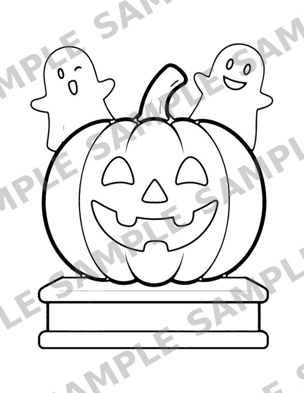 Happy Halloween Coloring Book for Kids, sample page: A smiling jack-o'-lantern with a big friendly grin sitting on a porch step