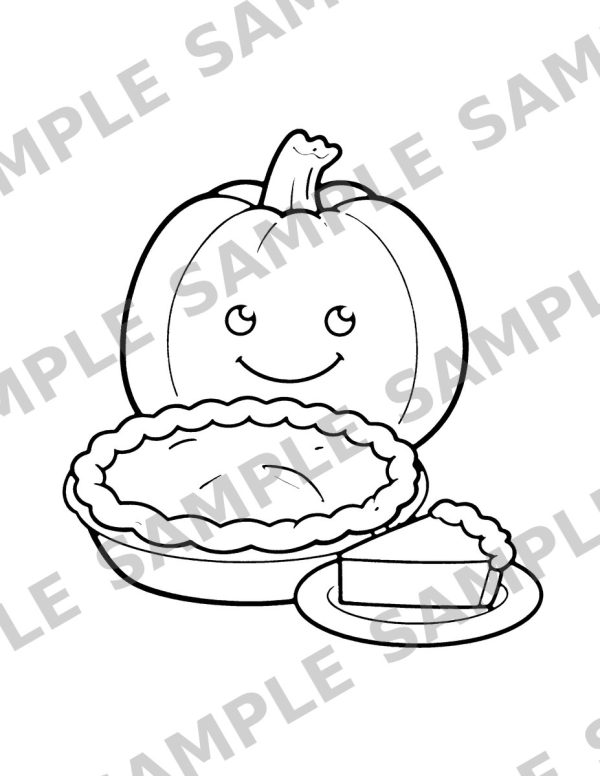 Thanksgiving Coloring Book for Kids, sample page: A pumpkin pie in a round pie dish with a crimped crust