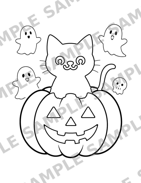 Happy Halloween Coloring Book for Kids, sample page: A happy black cat sitting inside a big round pumpkin