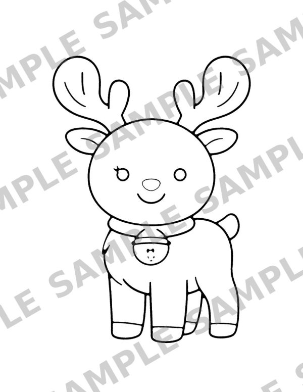Christmas Coloring Book for Kids, sample page: A cute reindeer with round antlers and a jingle bell collar