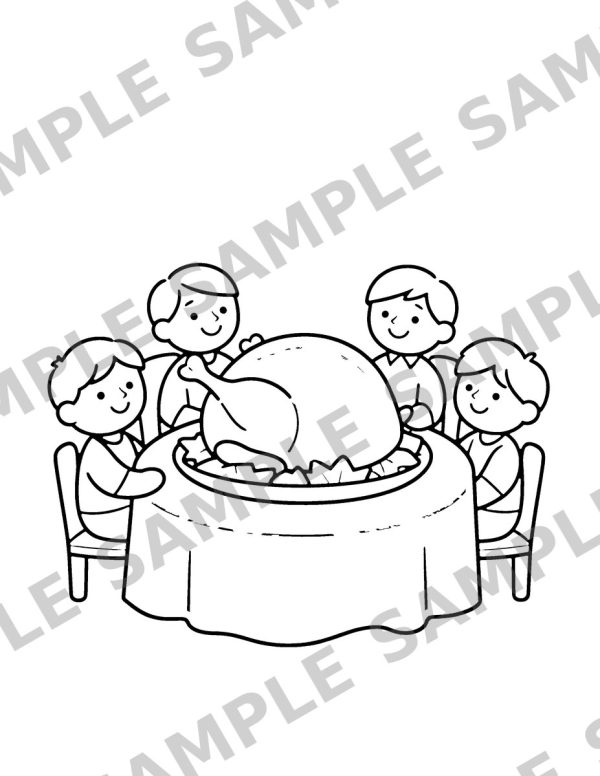 Thanksgiving Coloring Book for Kids, sample page: A family sitting around a dinner table with a big roast turkey