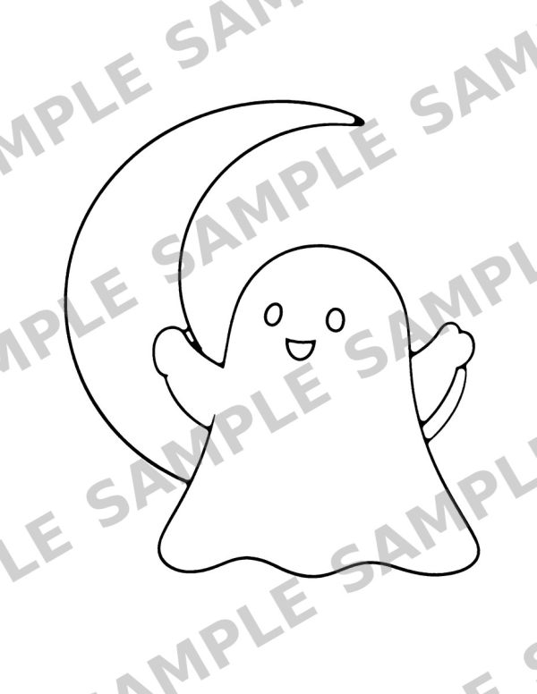 Happy Halloween Coloring Book for Kids, sample page: A little friendly ghost waving hello beside a crescent moon