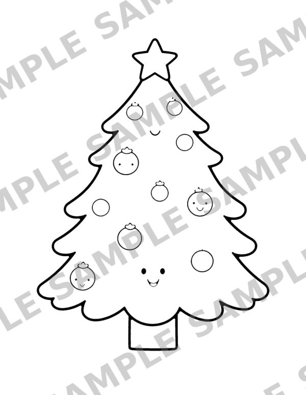 Christmas Coloring Book for Kids, sample page: A decorated Christmas tree with round ornaments and a star on top