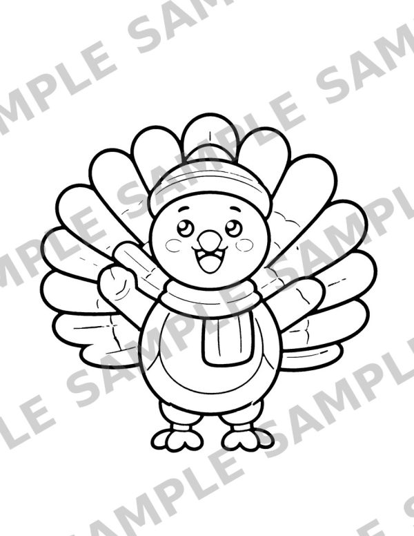 Thanksgiving Coloring Book for Kids, sample page: A smiling turkey wearing a little hat and scarf