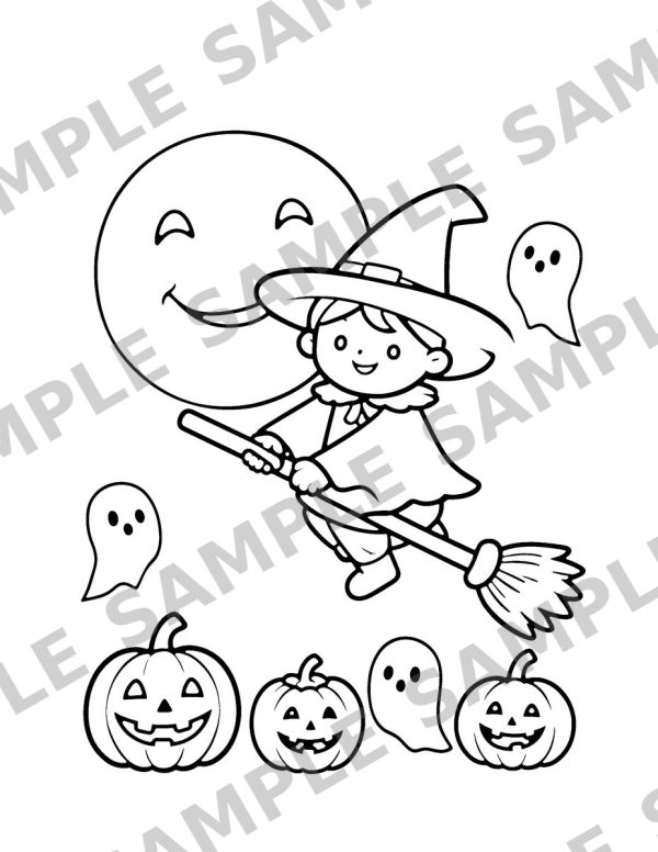 Happy Halloween Coloring Book for Kids, sample page: A child in a witch costume flying on a broom past a full moon